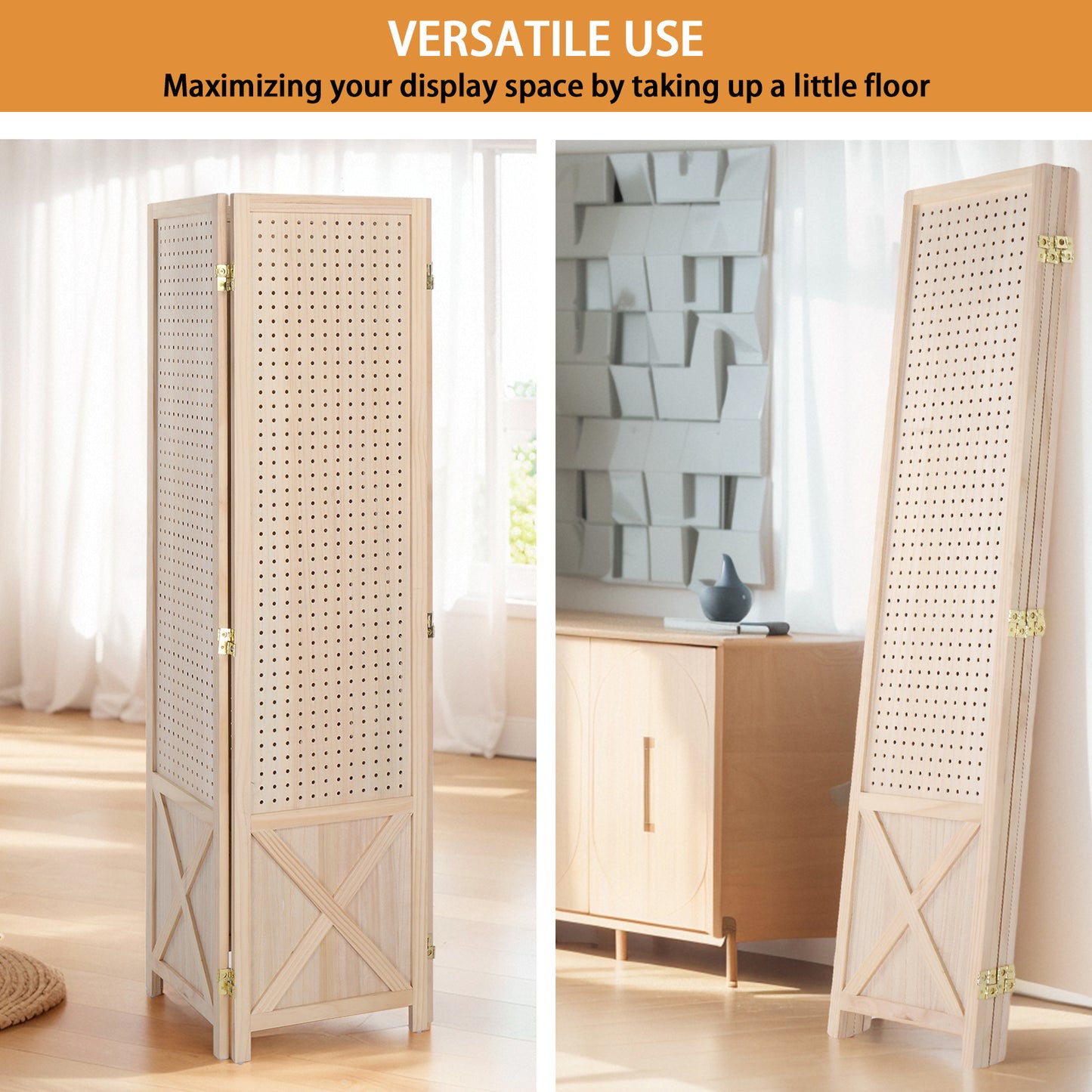 VINGLI 60''H Freestanding Pegboard, Wood Room Divider Display Board Organizer with Support Feet, Folding Privacy Screen Partition Space Separator for Craft Shows Events Retail