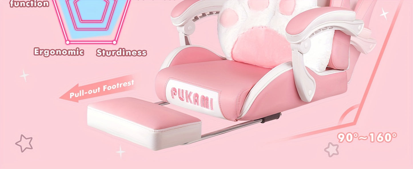Gaming Chair with Cat Ears And Cat Paw Cushion Pillow, Cute Computer Chair for Girl with Footrest, Ergonomic Gamer Chair, Kawaii Gaming Chair, Reclining Game