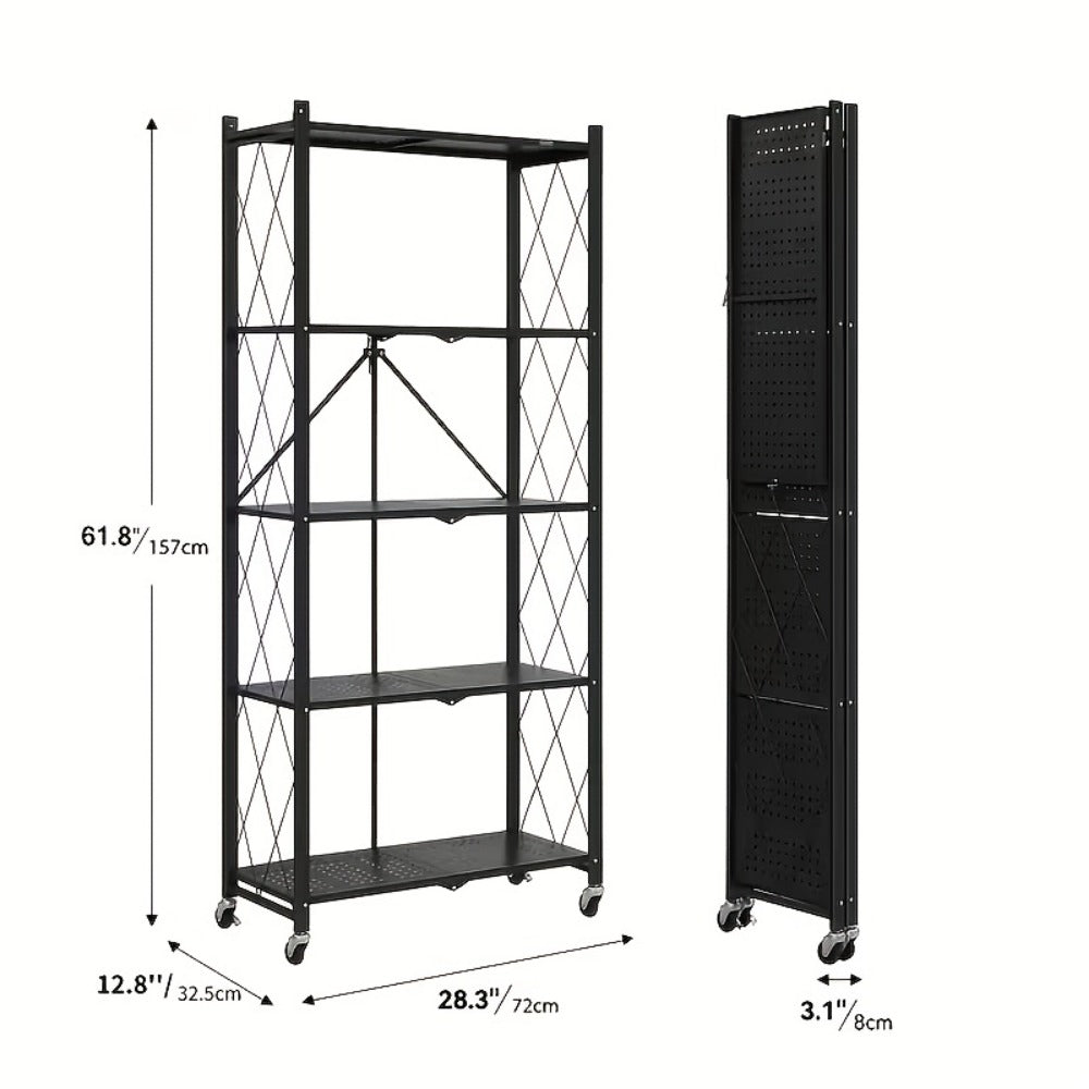 Heavy-Duty Foldable Storage Shelf with Wheels – 3, 4 or 5 Tier Black Metal Shelving Unit, No Assembly Required, Space-Saving Rack for Living Room, Kitchen, Garage & Office