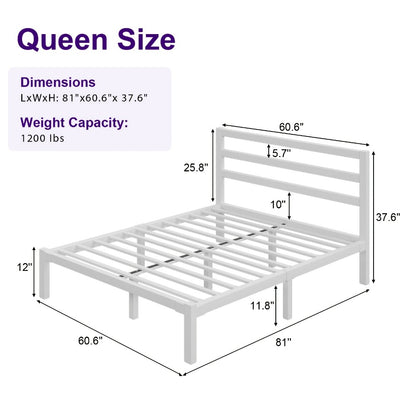 Metal Platform Bed Frame with Slatted Headboard – Under Bed Storage, No Box Spring Needed, Sturdy Metal Slats, Black White, Twin Full Queen King