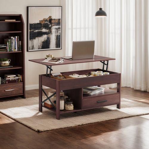 Adjustable Lift Top Coffee Table with Storage Drawers & Hidden Compartment - Modern Lift-Top Mechanism, Lift-Top Table Suitable for Living Room, Reception Room, Assembly Required, Wood/HDF, Space-Saving