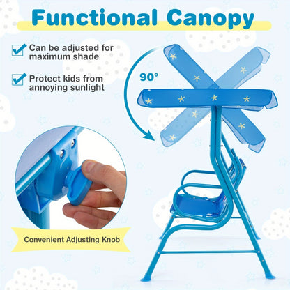 COSTWASY Kids Patio Swing, 2-Seater Swing Chair w/ Metal Stand & Adjustable Canopy, Outdoor Mini Swing w/ Safety Belts for Kids over 3, Porch Seating Solution, Adjustable Canopy Swing, Adjustable Canopy Design, Sturdy Metal Stand, Robust Swing Mechanism,