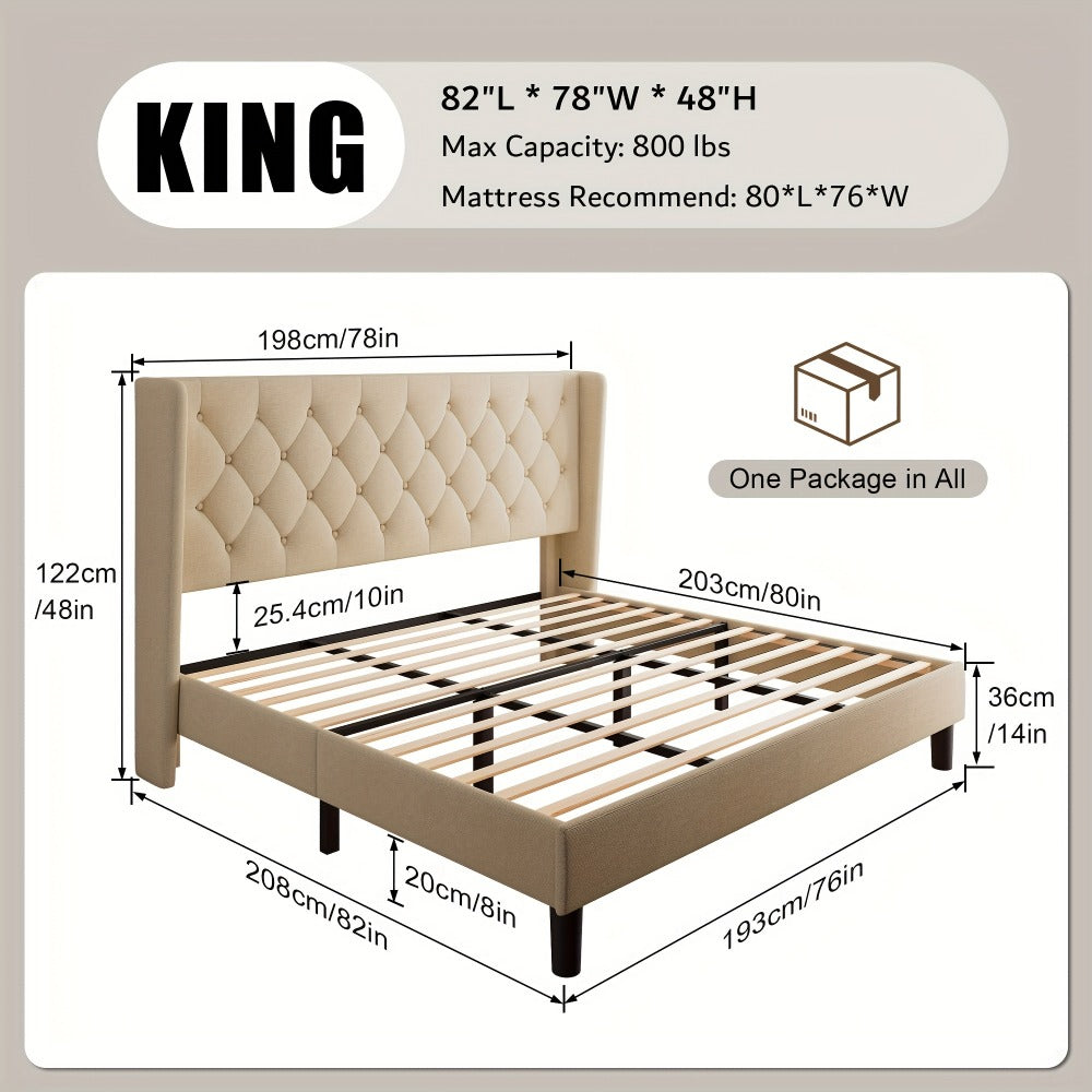 Modern Platform Bed Frame with 24-Inch Button-Tufted Headboard – Solid Wood Slats, Artistic Legs, Linen & Velvet, Dark Gray Light Grey Beige White Black, Full Queen King
