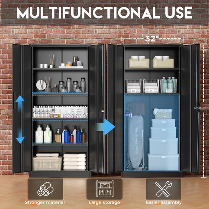 Lockable Metal Storage Cabinet 71"H with Adjustable Shelves & Locking Doors – Freestanding Steel Organizer for Garage, Gym, Home Office & School