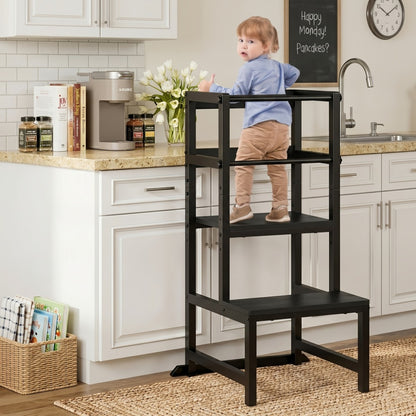 Adjustable Toddler Learning Tower Step Stool with Safety Rail Height Adjustable Kids Kitchen Helper Stool Wooden Steel Stand for Children