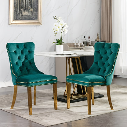 Solid Wood Velvet Upholstered Dining Chair, Modern Design Quilted Dining Chair with Nail Head Accent And Solid Gold Plated Legs, Set of 2 for Kitchen, Living Room, Apartment