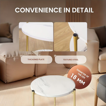 Round Coffee Table with Marble Pattern & Double-Layer Storage, Modern Glass Top Accent Table in White and Gold for Living Room or Bedroom