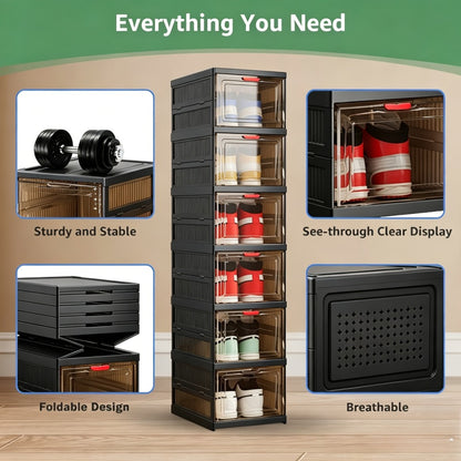 Black Shoe Storage Cabinet 5/6 Tier Foldable Modular with Flip-Top Lid & Clear See-Through Window, Stackable Shoe Organizer for Entryway Closet Bedroom