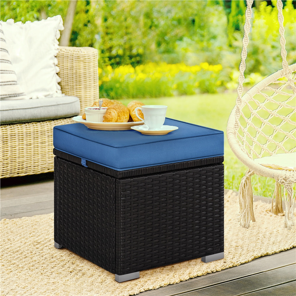 Costoffs 2pcs Rattan Ottomans with Hidden Storage & Removable Cushions, Outdoor Patio Furniture Ottoman Set, Versatile Resin Wicker Footstools, Side Tables, Additional Seating for Garden, Balcony, Deck, Khaki/Gray/Blue