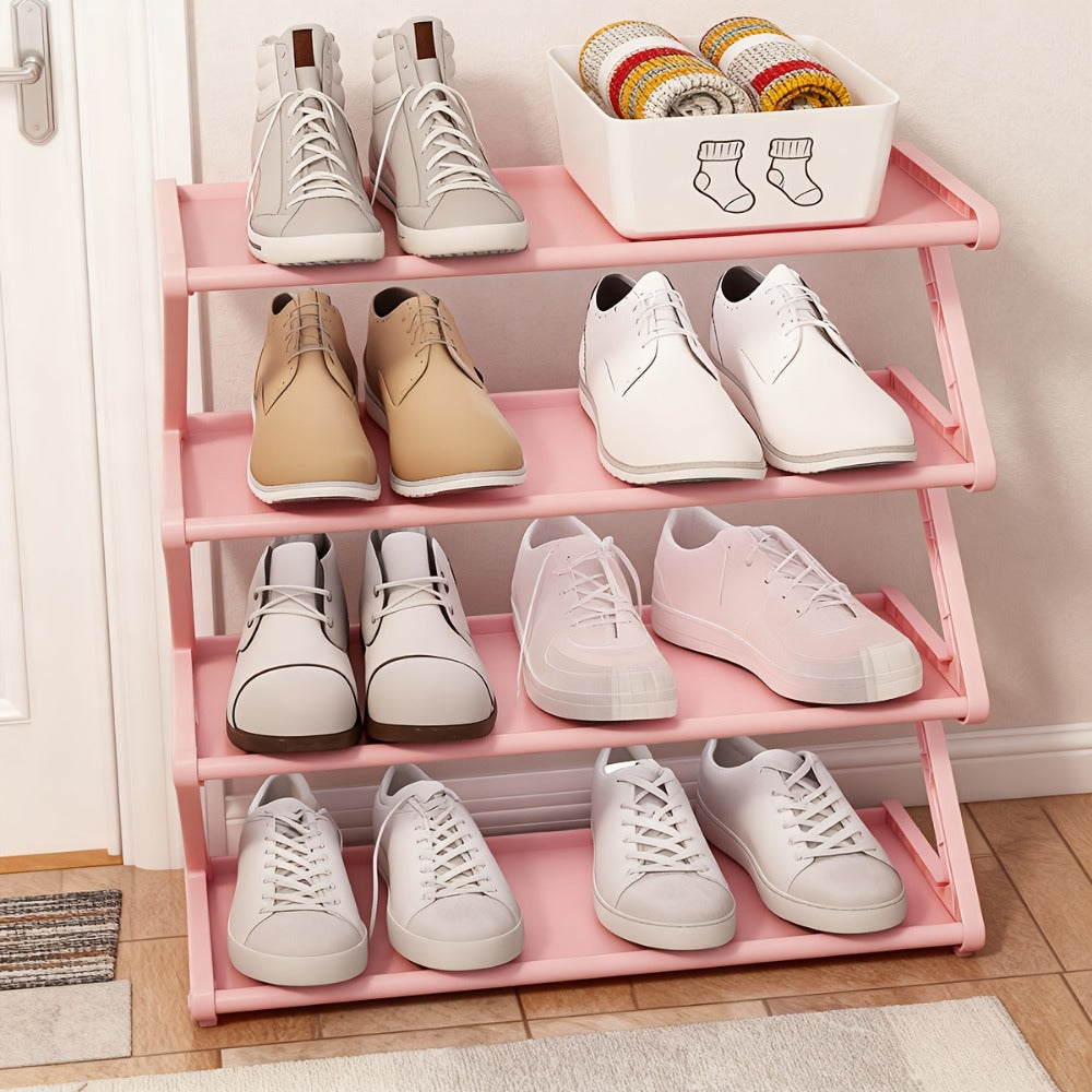 Stackable Shoe Rack 4 Tier Z-Shaped Organizer with Independent Storage Boxes, Fabric Entryway Shelf for Living Room Bedroom Closet, Black White Pink