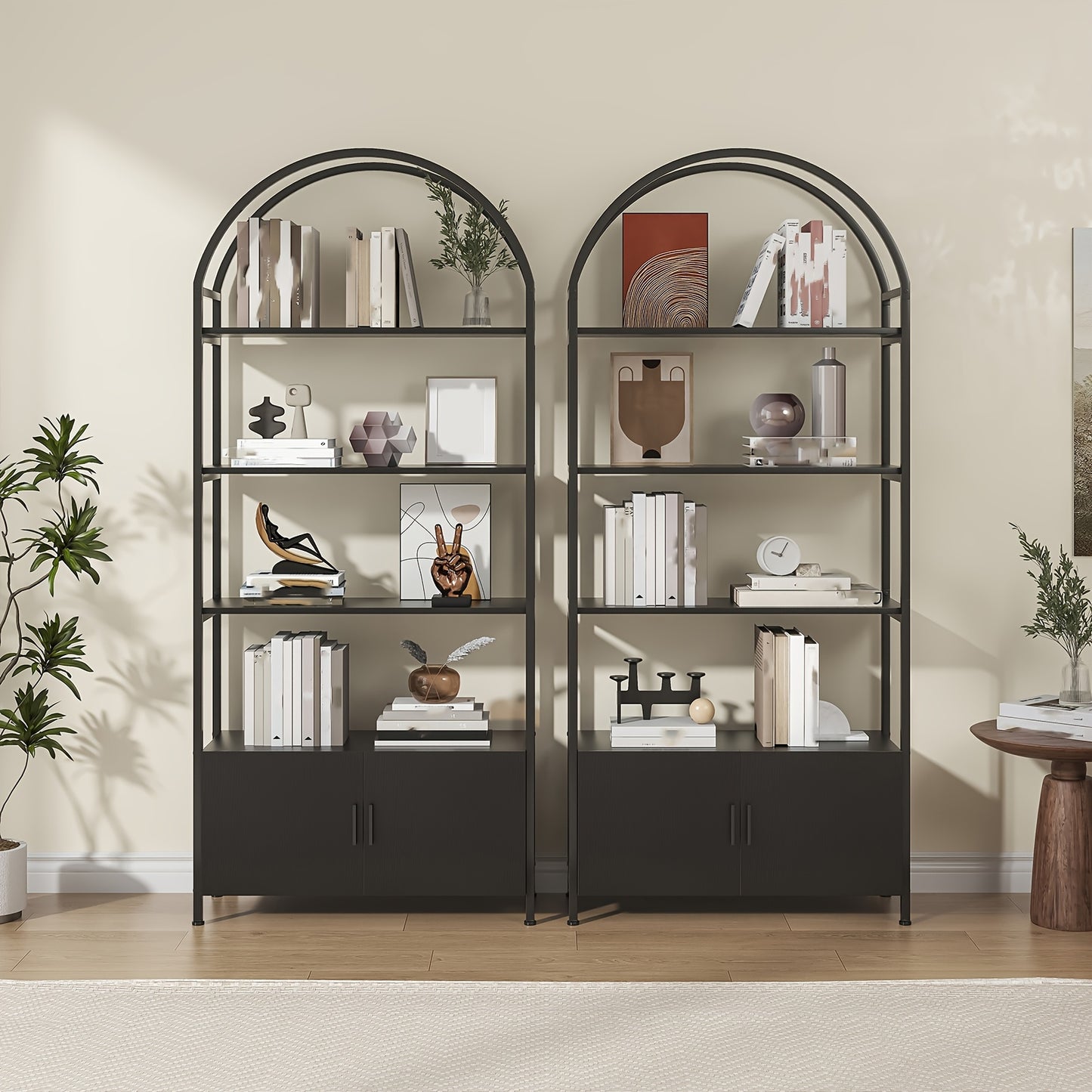 71" Industrial Arched Bookshelf with Doors - Sturdy Metal Frame, Freestanding Display Shelving Unit for Home & Outdoor Leisure