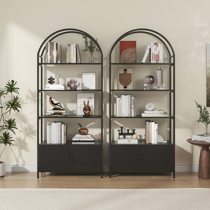 71" Industrial Arched Bookshelf with Doors - Sturdy Metal Frame, Freestanding Display Shelving Unit for Home & Outdoor Leisure