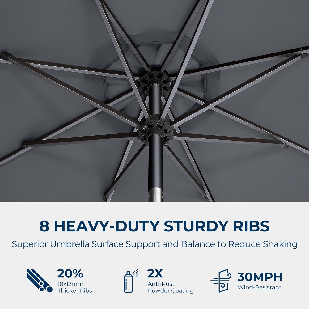 9ft Patio Umbrella UPF50+ 220GSM Solution-Dyed Fabric Push Button Tilt & Crank – 8 Steel Ribs Vented Canopy for Garden Deck Backyard Pool (Beige, Red, Dark Blue)