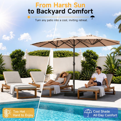 15ft Large Rectangle Patio Umbrella with Base Included – UPF50+ Double-Sided Canopy, Crank Handle, 12-Rib Wind Resistant Frame, Triple Vents, Safety Lock for Poolside, Garden & Yard, Beige & Blue