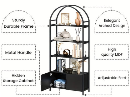 71" Industrial Arched Bookshelf with Doors - Sturdy Metal Frame, Freestanding Display Shelving Unit for Home & Outdoor Leisure