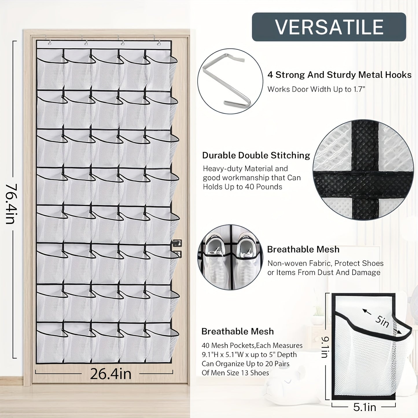 Shoe Organizer For Closet, Over The Door Shoe Organizer, 40 Large Breathable Mesh Pockets, Space Saving Hanging Storage Holder, 4 Hook Closet Rack Hanger, Hangs On Closets For Shoes, Accessories 76.4H X 26.4W.Shoe Rack Organizer