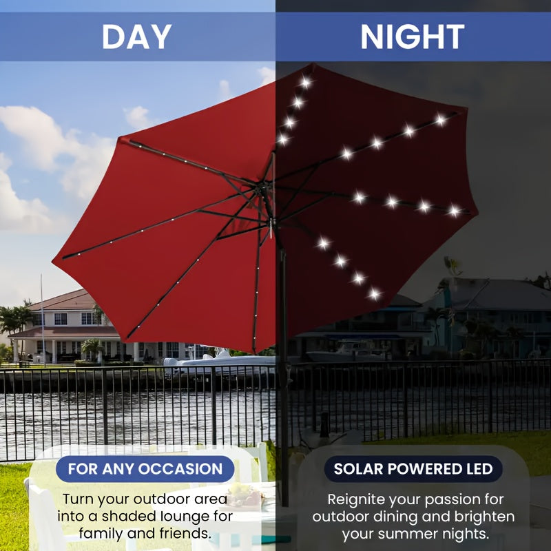 10ft Solar Patio Umbrella, With 32 LED Lights, Outdoor Market Table Umbrella, With Tiltable Buttons, UPF50 UV Protection, Heavy-Duty 8 Umbrella Bone Structure For Garden, Poolside, Decks, Backyards