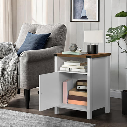 Farmhouse Nightstand with Barn Door & Shelf, Rustic Modern Bedside Table End Table for Bedroom Living Room Entryway, 23.7"x15.8" – Set of 1 or 2, Navy Blue Grey White Oak Black