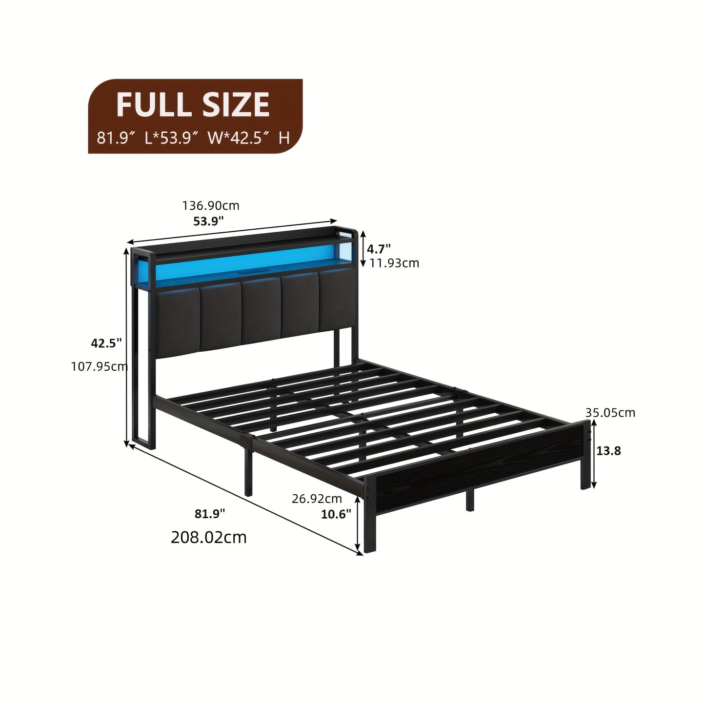 Twin Full Queen King Bed Frame with Storage Headboard And LED Lights, Charging Station, King Size Bed Frame with Headboard, Heavy-Duty Metal Slatted Base Support, No Spring Mattress Required, Easy Assembly, Grey, White, Cream