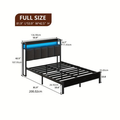 Twin Full Queen King Bed Frame with Storage Headboard And LED Lights, Charging Station, King Size Bed Frame with Headboard, Heavy-Duty Metal Slatted Base Support, No Spring Mattress Required, Easy Assembly, Grey, White, Cream