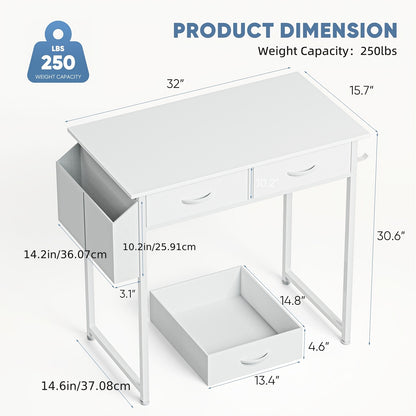 [Makeup Vanity Desk] 32" Small Makeup Vanity Desk with Storage Drawers And Side Bag, Compact Bedroom Dressing Table with Hair Dryer Hook, Modern Study Writing Desk for Small Spaces