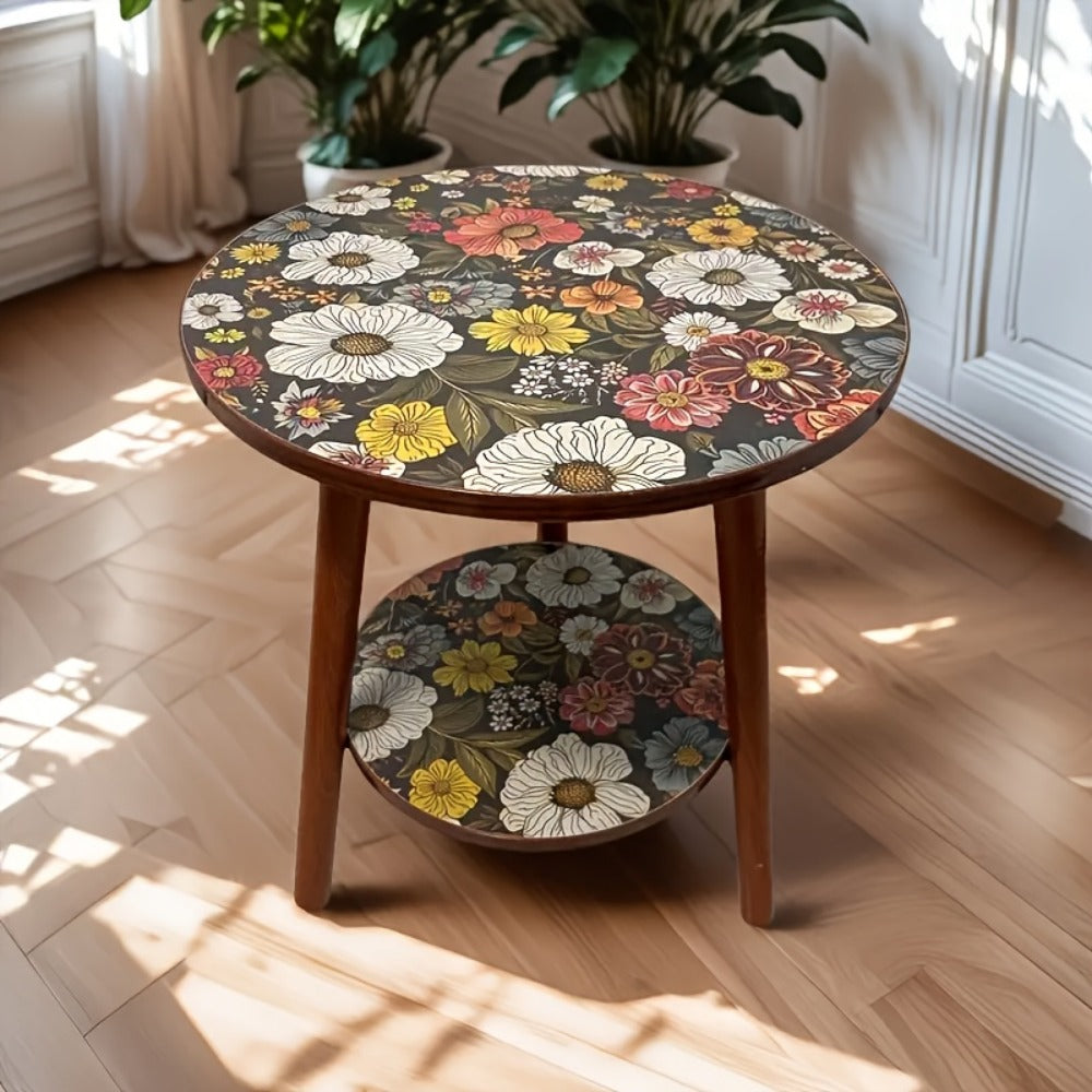 Mandala Flower Sofa Side Table, Round Coffee Table with Storage Space Saving Design for Living Room Bedroom Outdoor Patio, Multi-functional End Table