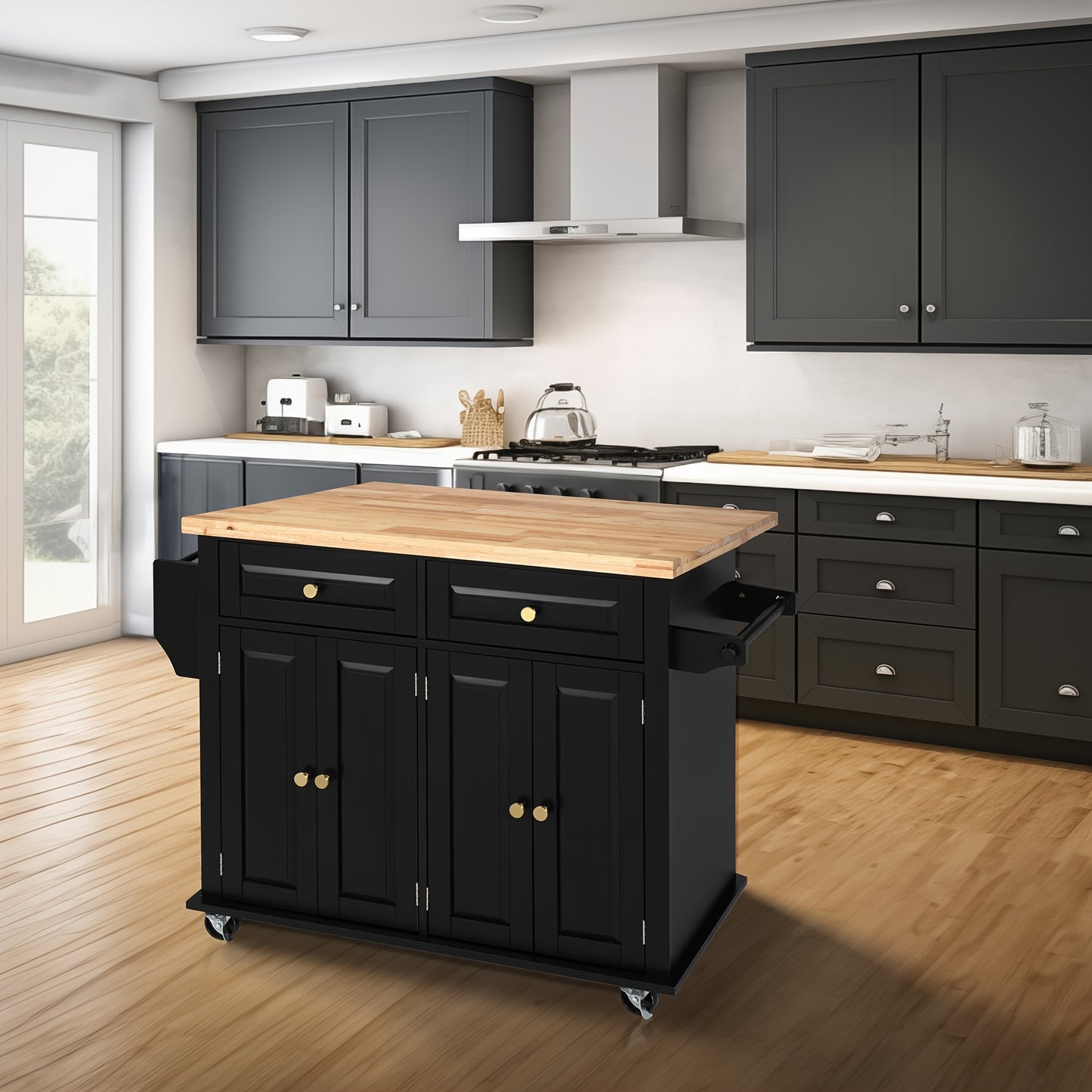Rolling Kitchen Island with Drop Leaf, Thicken Rubberwood Top, Spice Rack, Towel Rack, Drawer, 43.3" Portable Mobile Kitchen Island Carts Table, Storage Cabinet, Both Wheels And Feet