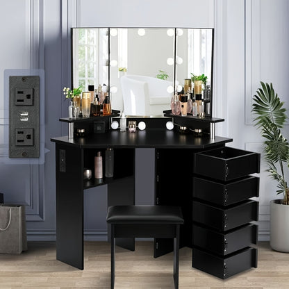 42" Tri-Mirror Corner Makeup Vanity Desk with Outlet, Lights, 5 Sliding Drawers Or Rotating Drawers, Come with Stool