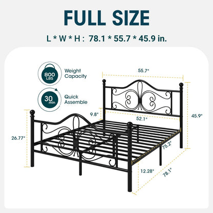 Butterfly Pattern Metal Platform Bed Frame with Decorative Headboard & Footboard – No Box Spring Needed, Heavy-Duty Steel Slats, Easy Assembly, Twin Full Queen