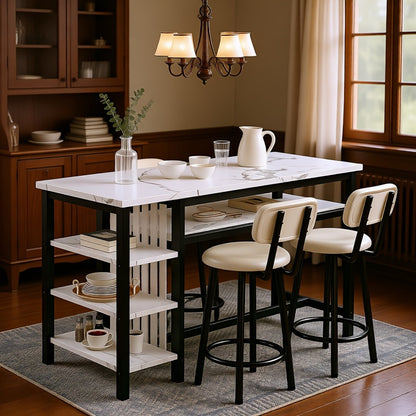 3-Piece Counter Height Dining Table Set with Faux Leather Bar Stools & Storage Shelves - Modern Farmhouse Breakfast Nook Set for Small Spaces, MDF Top & Metal Frame