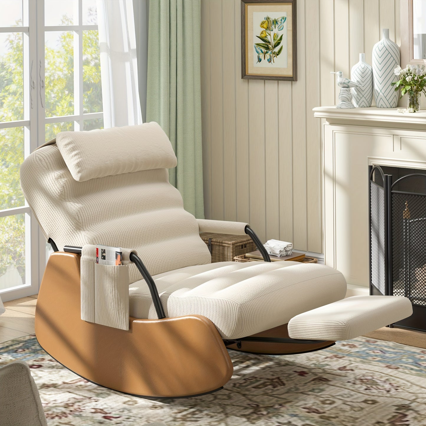 VIWAT Nursery Glider Rocking Chair with Soft Cushioned Seat & Headrest, Corduroy Upholstery Manual Rocker, Plush Accent Chair with Side Pocket for Nursery, Living Room, Bedroom - Dark Grey/Black (No Wood, Easy Assembly) -Friendly