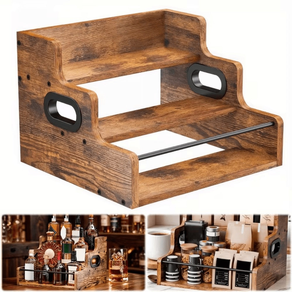 Solid Wood Countertop Liquor Bottle Display Shelf 3 Step Wine Rack Bar Organizer for Home Bar Whiskey Spirits Coffee Syrup Spice Rack