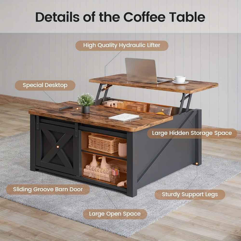 Square Lift Top Coffee Table with Hidden Storage – Farmhouse Design, Gas Strut Lift, Adjustable Shelves, 4 Open Compartments, Black/White/Grey/Blue