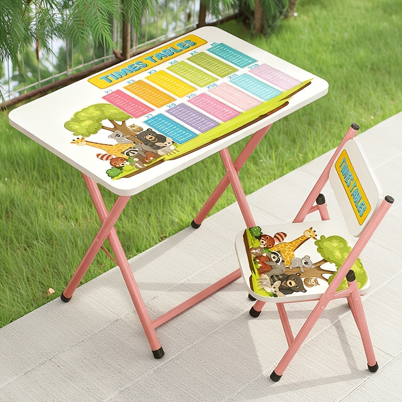 Foldable Kids Table & Chair Set with Cute Pattern, Sturdy Metal Frame Children's Desk for Writing, Drawing & Playtime