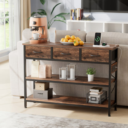 3-Tier Console Table with Charging Station, Entryway Table with Storage Drawers And Open Shelves, Narrow Sofa Table with USB Ports And Outlets, Adjustable Feet, And Modern Design for Hallways, Living Rooms, And Small Spaces