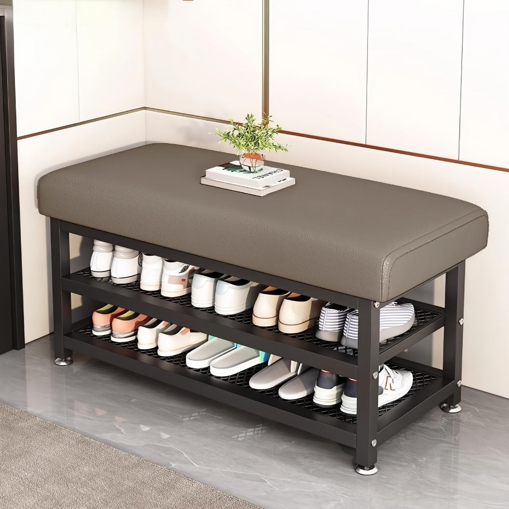Entryway Shoe Bench with Cushion and Storage Rack, Metal Frame Shoe Changing Stool with Multi-Compartment Organizer for Foyer Bedroom, 24 or 32 Inch, Grey Orange
