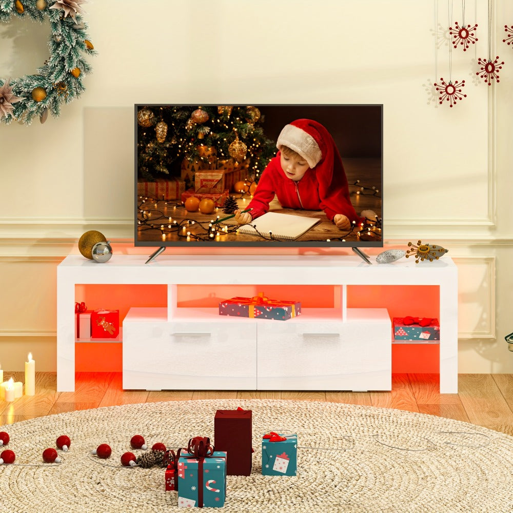 Contemporary LED TV Stand with Storage Drawers, High Gloss Media Console Table for TVs up to 80 Inch, Entertainment Center for Living Room Game Room Bedroom, 51" 63" 71" Sizes Black White Brown