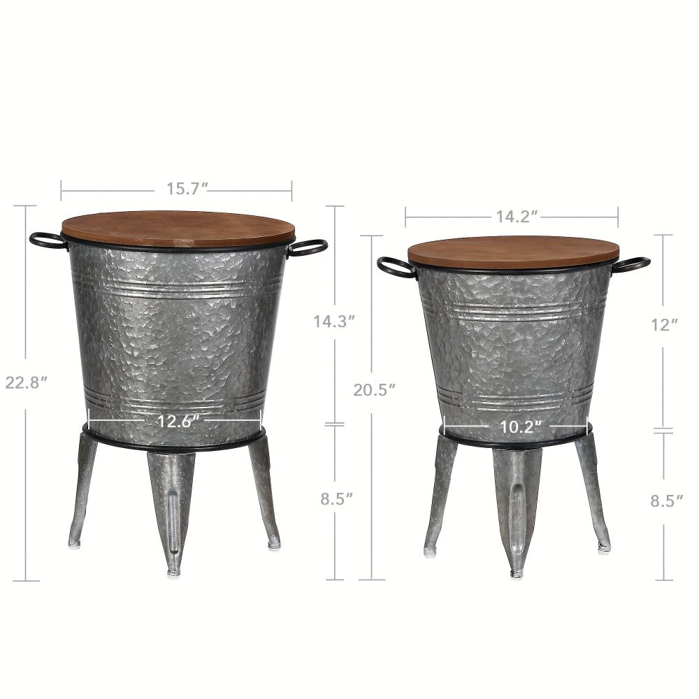 Set of 2 Rustic Farmhouse End Tables with Round Wood Lids, Galvanized Metal Nesting Accent Side Tables for Living Room Bedroom Entryway, Stackable Vintage Décor Tables in Galvanized Black Distressed White