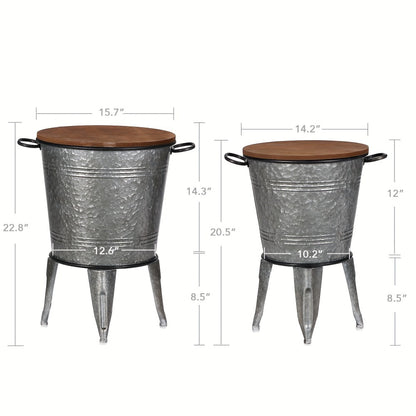 Set of 2 Rustic Farmhouse End Tables with Round Wood Lids, Galvanized Metal Nesting Accent Side Tables for Living Room Bedroom Entryway, Stackable Vintage Décor Tables in Galvanized Black Distressed White