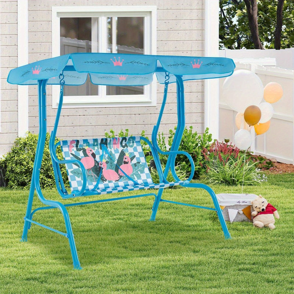 COSTWASY Kids Patio Swing, 2-Seater Swing Chair w/ Metal Stand & Adjustable Canopy, Outdoor Mini Swing w/ Safety Belts for Kids over 3, Porch Seating Solution, Adjustable Canopy Swing, Adjustable Canopy Design, Sturdy Metal Stand, Robust Swing Mechanism,