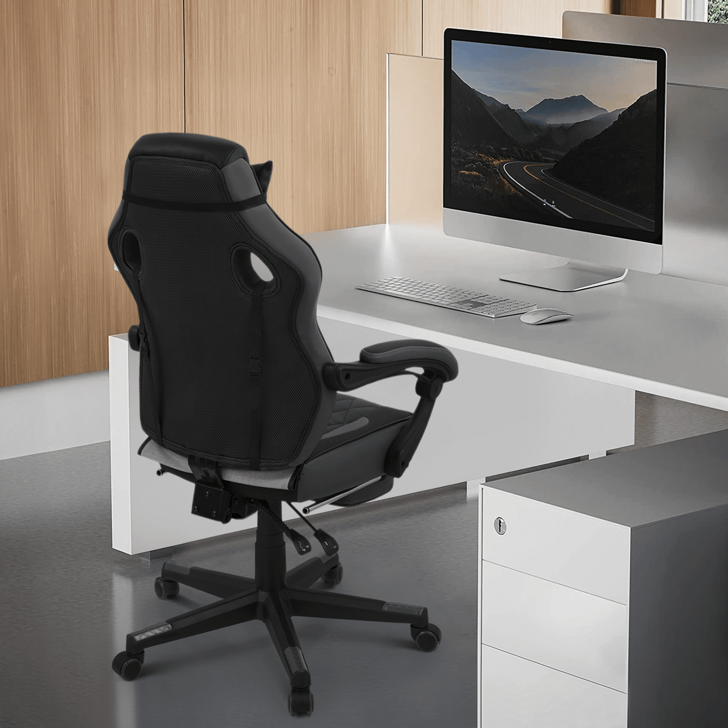 Ergonomic Gaming Chair with Retractable Footrest & Detachable Lumbar Support 360 Degree Swivel Racing Style PU Leather Computer Gaming Chair with Headrest for Home Bedroom Office