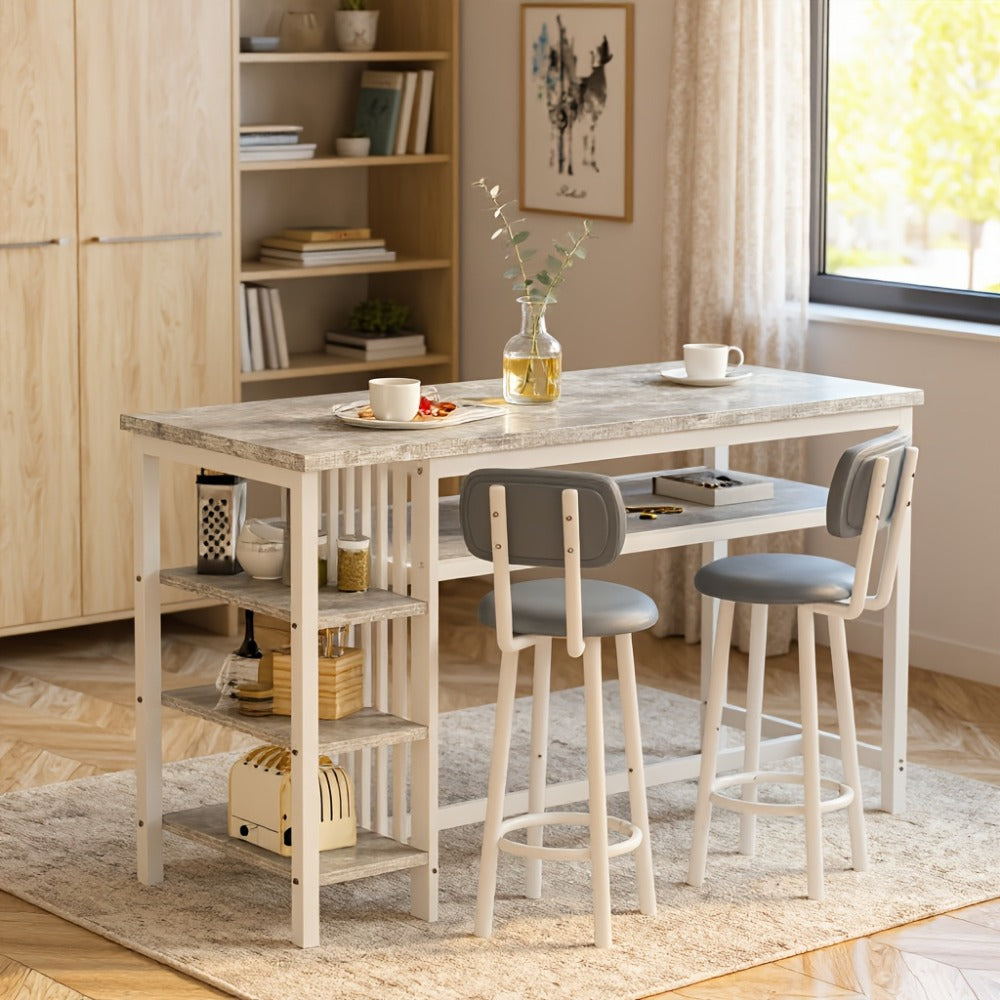3-Piece Counter Height Dining Table Set with Faux Leather Bar Stools & Storage Shelves - Modern Farmhouse Breakfast Nook Set for Small Spaces, MDF Top & Metal Frame