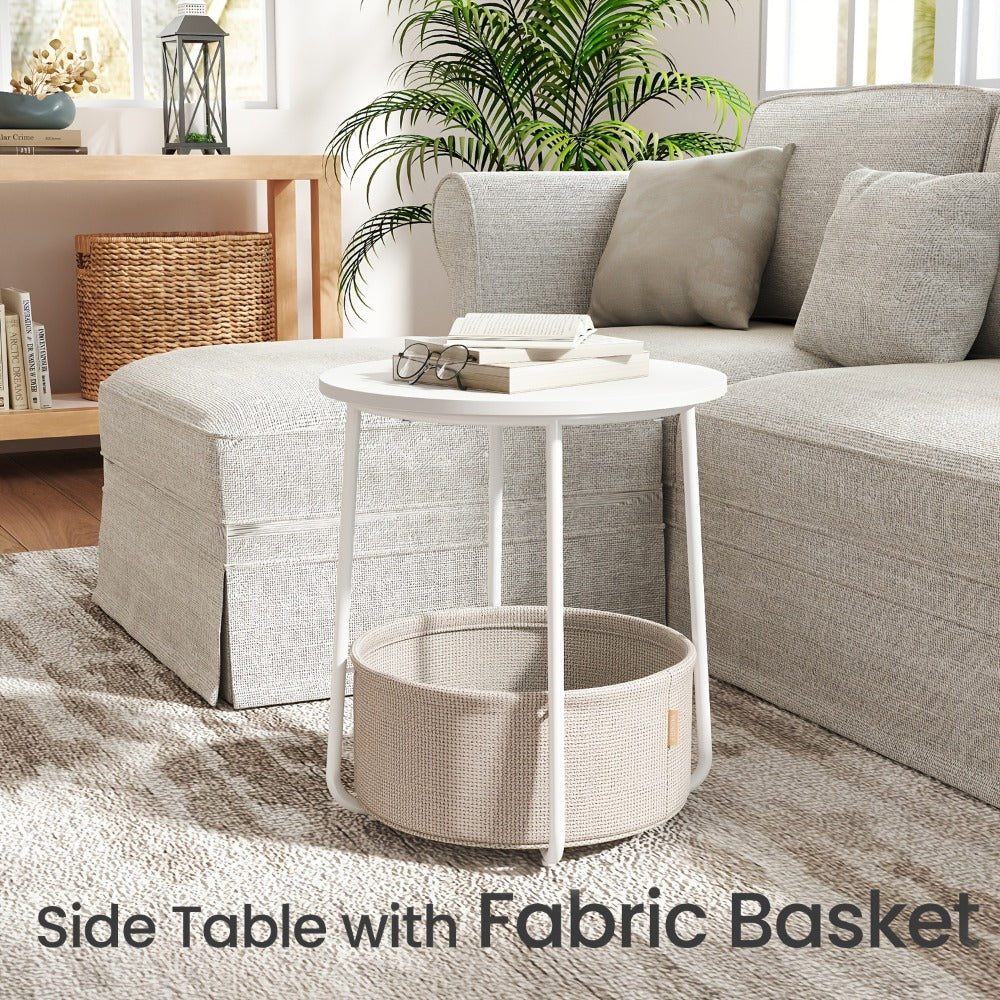 Small Round Side End Table with Fabric Basket Storage Modern Nightstand Accent Table for Bedroom Living Room Sofa 6 Colors Available