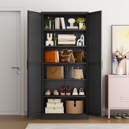 Metal Storage Pantry Cabinet 75" with Two Doors | Tall Freestanding Kitchen Storage Cabinet for Pantry, Garage, Laundry Room & Office | Adjustable Shelves | White, Black or Green