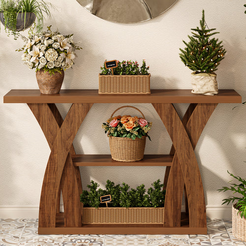 55 "Wooden Rustic Console Table, X-Shaped Leg Design, 2-Tier Shelf. Multifunctional Storage. Suitable for Use Behind The Sofa in The Living Room, in The Corridor, in The Entrance Hall, Or at The Entrance. Light Brown And Tiger Brown