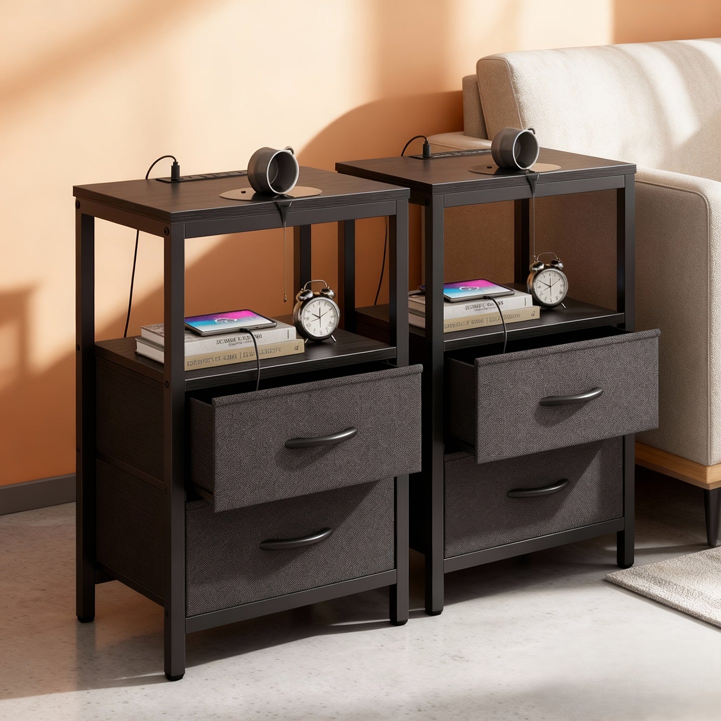 Floating Nightstand with USB & Type-C Quick Charge | 2 Adjustable Drawers, Built-In Socket, Space-Saving Bedside Table for Modern Bedroom – 1pc or 2pc Set, 4 Colors
