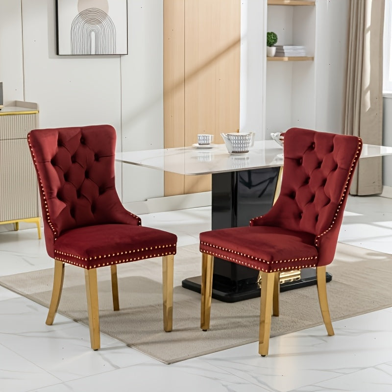 Solid Wood Velvet Upholstered Dining Chair, Modern Design Quilted Dining Chair with Nail Head Accent And Solid Gold Plated Legs, Set of 2 for Kitchen, Living Room, Apartment