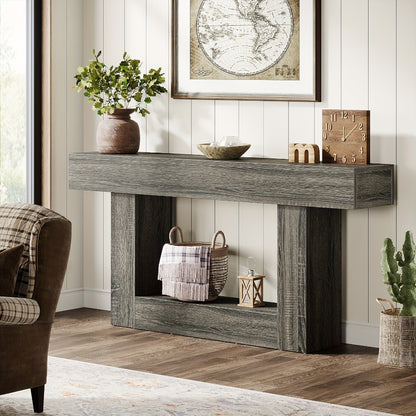 63 Inch Farmhouse Console Table with U-Shaped Base & 2-Tier Shelves, Rustic Brown & Grey Two-Tone Sofa Table for Living Room Hallway Foyer Entryway