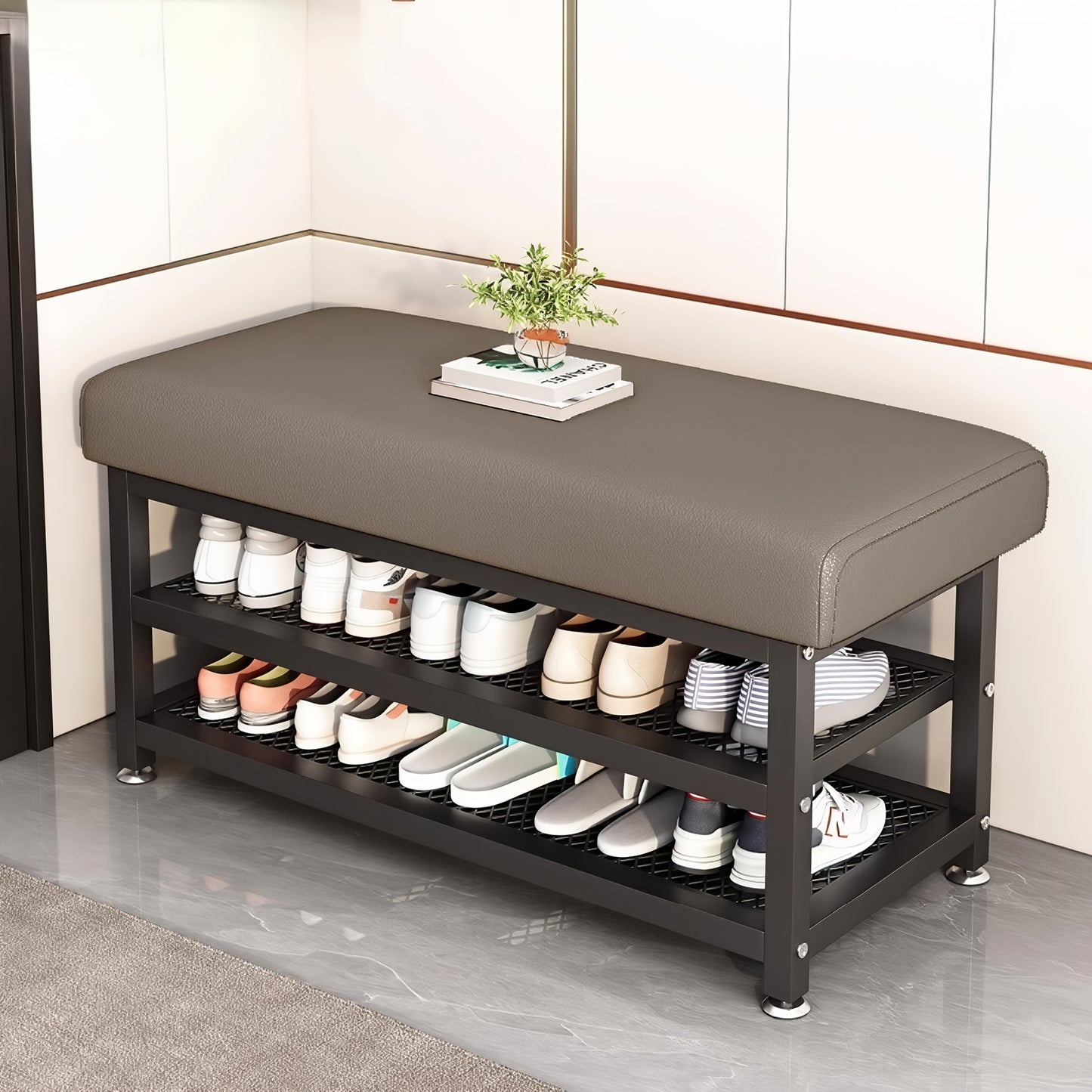 Modern Entrance Passage Shoe Changing Stool, Shoe Rack with Soft Cushion Shoe Storage Organizer, Easy to Install Metal Frame - Ideal Choice for Bedroom Or Foyer. Multi-Compartment Design, Space-Saving Entrance Channel Storage Rack
