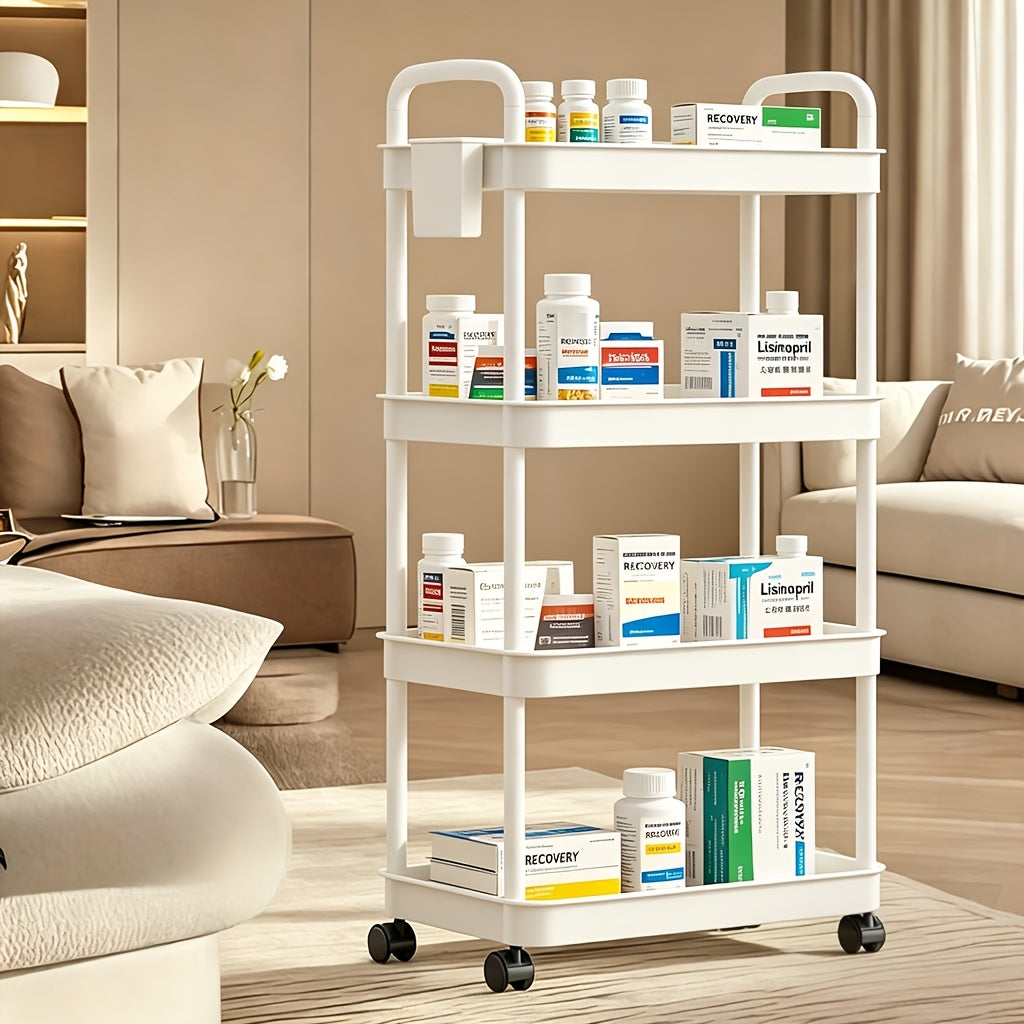 3/4/5-Tier Plastic Rolling Utility Cart with Handle, Multi-Functional Storage Trolley for Office, Living Room, Kitchen, Movable Storage Organizer with Wheels, White